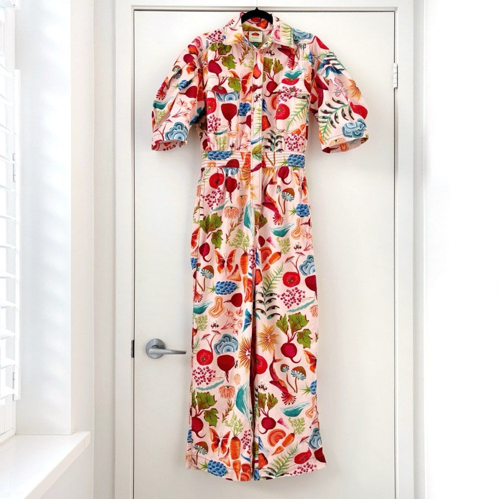 Farm Rio Beige Bright Vegetable Prints Jumpsuit S